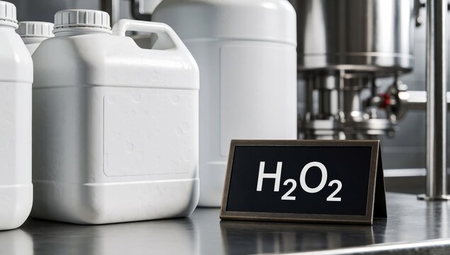White plastic jerry canister black label reads h2o2 placed stainless steel countertop laboratory setting backg