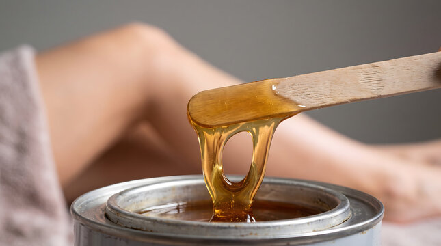 warm wax dripping from wooden spatula into metal can before leg waxing hair removal treatment session