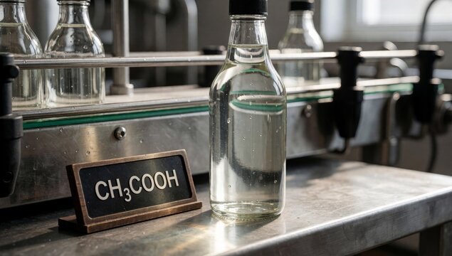 Glass bottle black cap sitting metal table laboratory filled clear liquid has label reads ch3cooh behind there