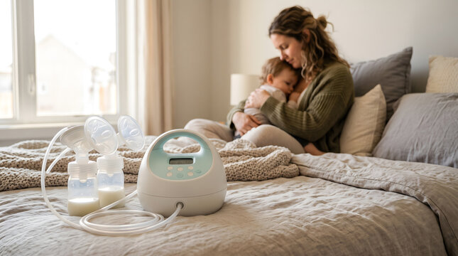 Mother holding baby lovingly on bed with breast pump device and bottle in cozy bedroom nearby