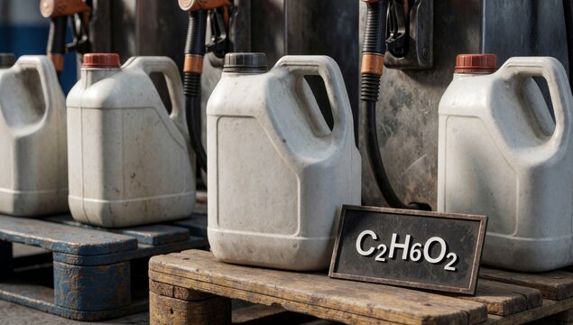 White jerry cans gasoline wooden pallet front gas pump arranged row appear empty there small black sign text c