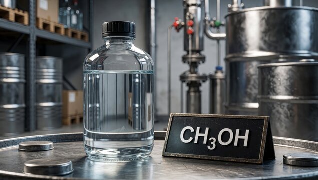 Large glass bottle black cap placed metal tray laboratory setting filled clear water there small sign next rea