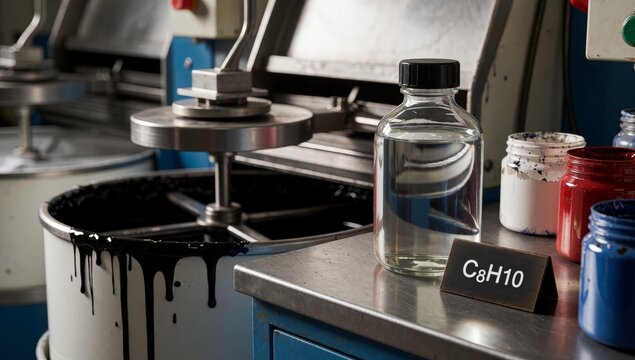 Laboratory setup large machine background right side there table glass jar black lid label reads c8h10 next se