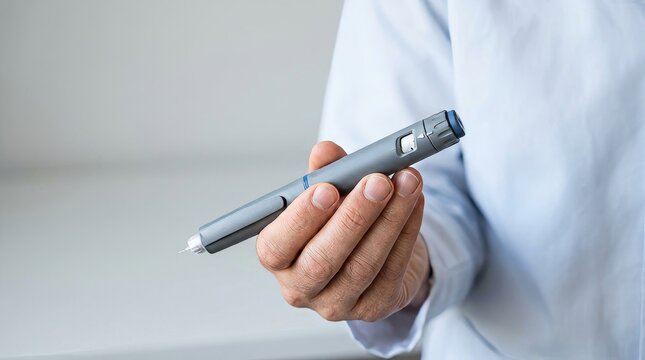 Close up of a hand holding a grey insulin pen. Diabetic patient preparing for medication injection