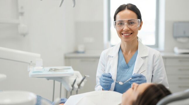 Smiling female dentist in safety glasses holding mirror and probe. Friendly professional doctor looking at camera with patient in dental chair. Oral healthcare concept