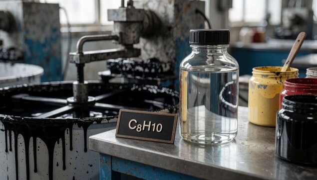 Laboratory setup large machine background right side there glass jar black lid label reads c8h10 next several