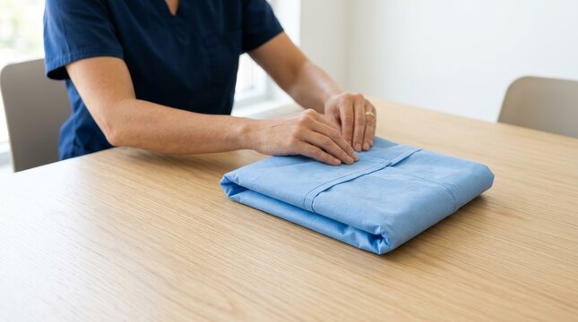 Medical professional folding a light blue surgical gown on a wooden table. Nurse in dark scrubs preparing clean hospital apparel