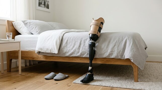 Prosthetic leg standing by bed. Amputee medical equipment in bedroom