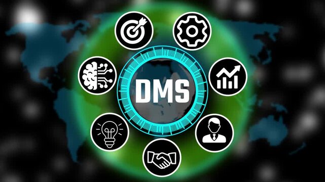 Futuristic business DMS trin interface with circular Hud icons, teamwork and abbreviation appearing in circle surrounded by business related icons HD video