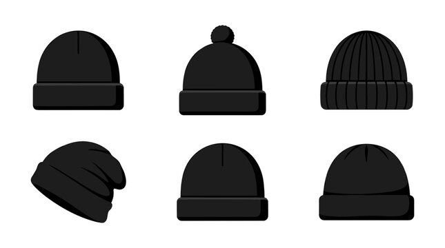 Collection of six black beanies and winter hats in different styles