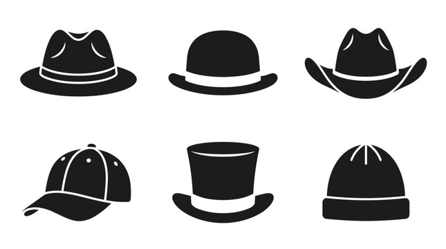 Collection of six different black hat icons on a white background