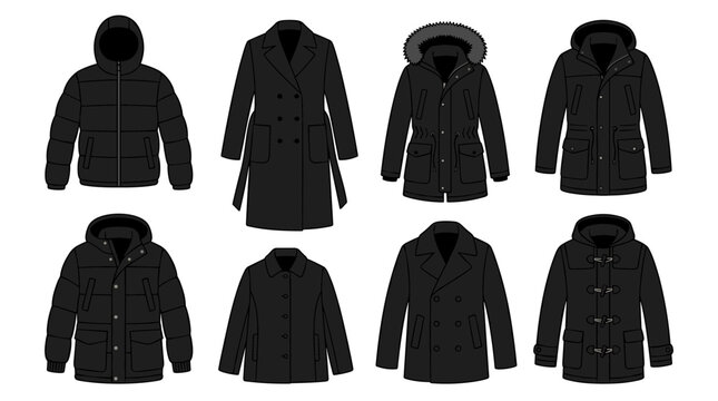Collection of black winter coats and jackets for men and women