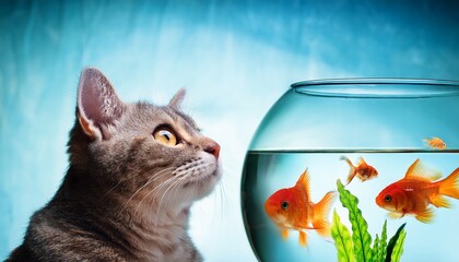 Naklejka na ściany i meble cute cat that looks curious about the fish in the aquarium