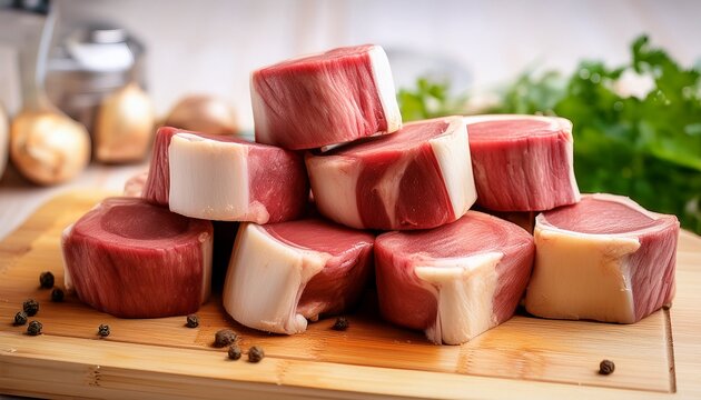 fresh raw beef bone marrow chunks arranged in a small pile for cooking healthy gourmet meals in the home kitchen