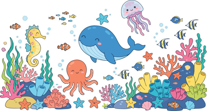 Vibrant ocean creatures swim near colorful coral reef with fish and seaweed underwater 544.eps
