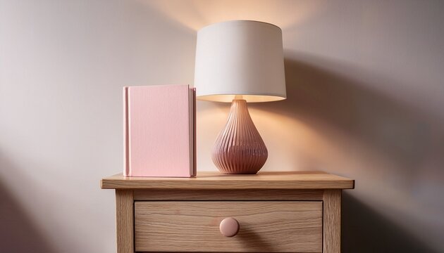 wooden nightstand with a lamp on it the lamp has a white base and a beige lampshade on the nightstand there is a pink book with a blank cover