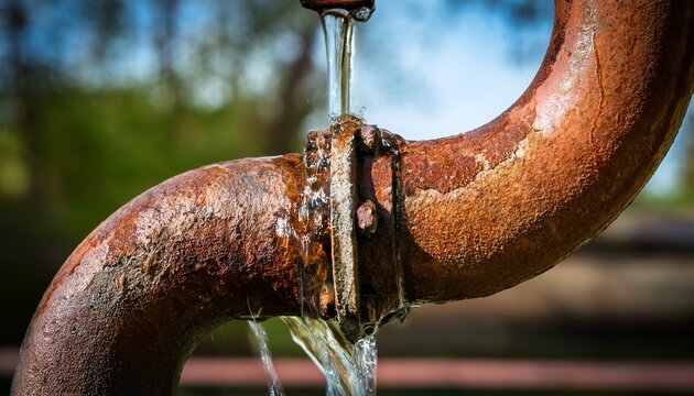 close up of a rusty pipe with water coming out of it the pipe appears to be old and weathered with peeling paint and rust visible on the surface