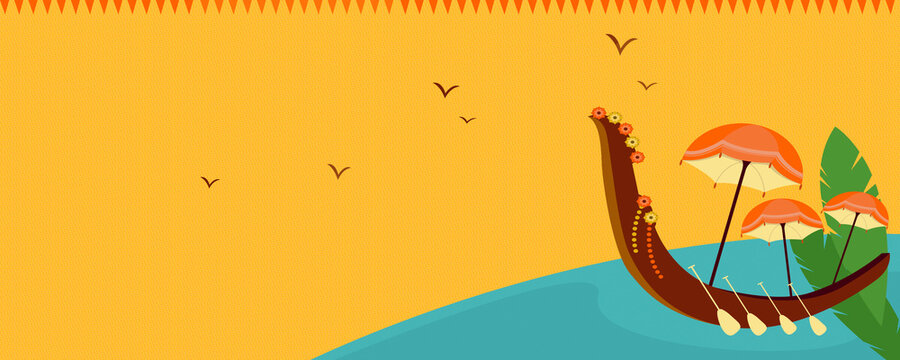 Snake boat race banner with colorful umbrella flying bird and banana leaf on orange background for onam