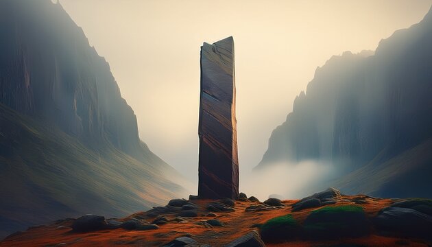 tall monolith standing in mountain valley amidst thick fog abstract structure with geometric shape in mysterious rocky landscape surreal scene representing discovery and isolation