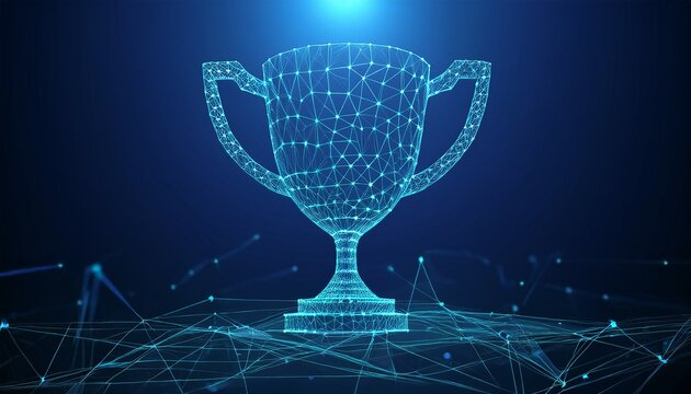abstract trophy cup form lines low poly point connecting network on blue background