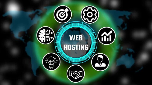 Futuristic business WEB hosting trin interface with circular Hud icons, teamwork and abbreviation appearing in circle surrounded by business related icons HD video