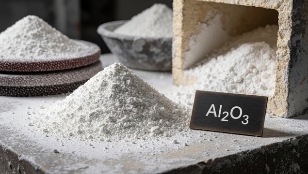 Pile white powder which appears al2o3 concrete surface finely ground has rough texture right side there small