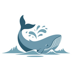 Naklejka premium Minimalist blue whale leaping from ocean waves vector illustration for marine life conservation and nautical branding concepts with rendered flat vector art style white background
