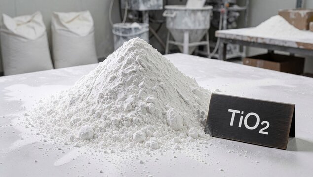 Pile white powder table appears finely ground has rough texture right side there small black sign word tio2 wr