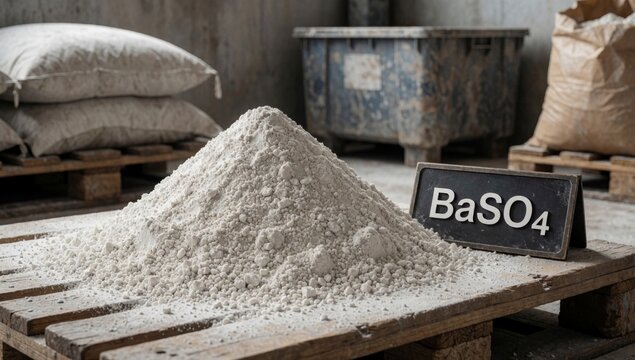 Pile white powder wooden pallet warehouse appears finely ground piled high top right side there black sign wor