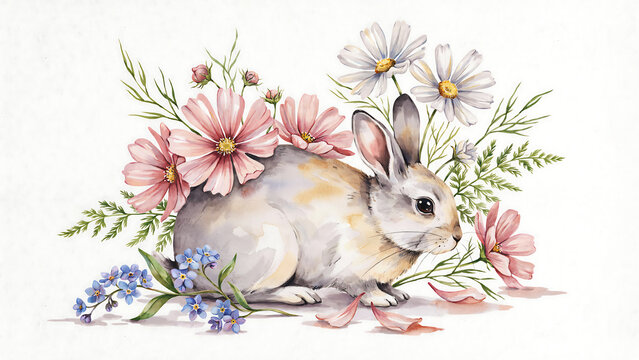 Watercolor of a cute rabbit sitting among flowers isolated on a transparent background