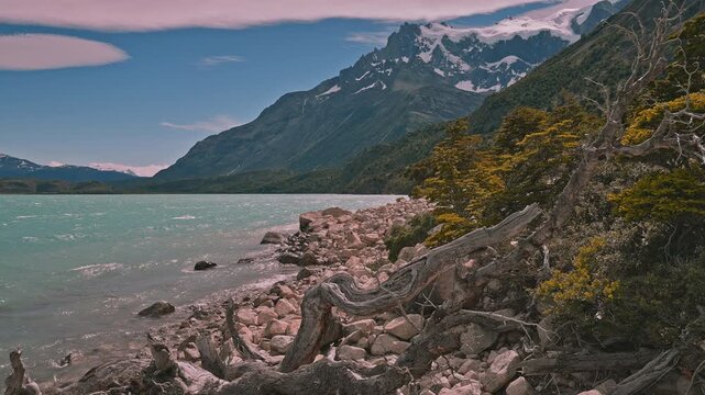 Parallax movement on Nordernskj&ouml;ld Lake in Torres del Paine with Mountains and Glaciers in the distance, Patagonia, Chile