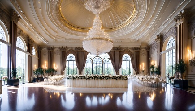 grand luxurious wedding hall featuring a soaring high ceiling dazzling crystal chandeliers and abundant natural light streaming through expansive windows creating an elegant sophisticated and rom