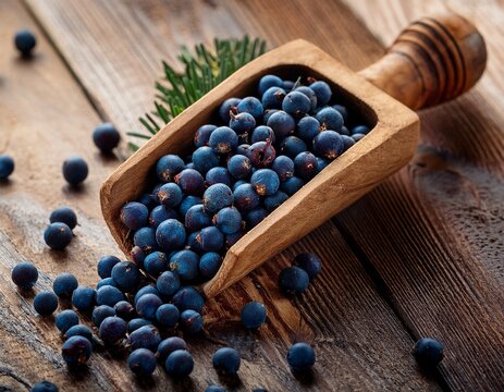 close up of juniper berries in wooden scoop on rustic table