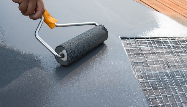 hand painted the gray floor with a paint roller for waterproofing adding mesh and repairing the roof and waterproofing the deck