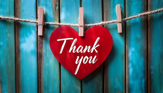 red heart with thank you message hangs on a rustic clothesline