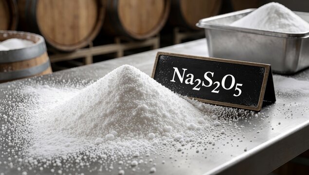 Pile white powder metal table appears na2s2o5 which chemical compound used wine production background there se