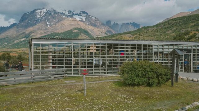 Torres del Paine National Park welcome center with parallax movement and mountains in the distance, Patagonia, Chile