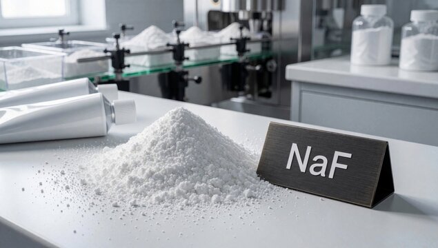 Laboratory countertop pile white powder left side there tube small black sign word naf written letters backgro
