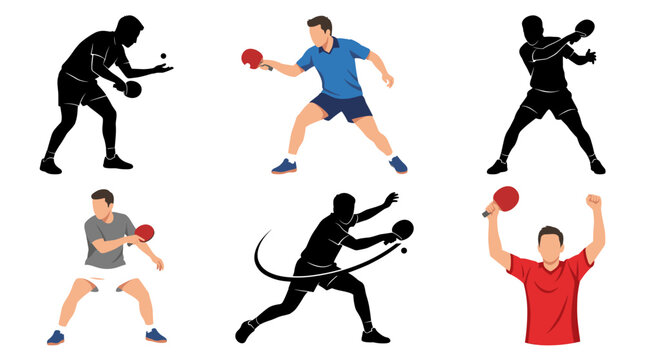 Set of vector collection featuring different table tennis player action poses, forehand drive, backhand topspin, serving ping pong ball, defensive block, looping shot