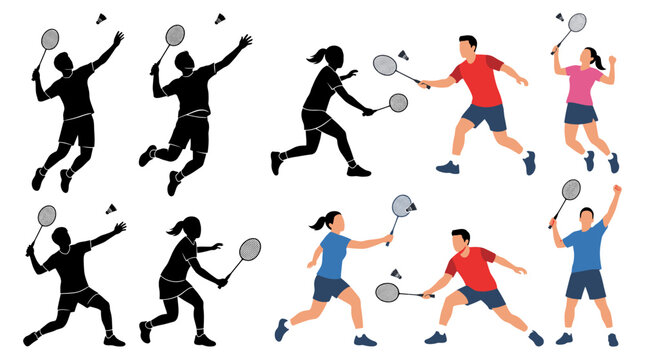 Set of vector collection featuring different badminton player action poses, high serve, jumping smash, backhand return, forehand clear, defensive block