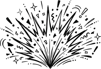 Comic explosion burst vector, hand drawn pop art blast with confetti and stars, black and white doodle splash for cartoon action and celebration © SanaMuhyUdDin