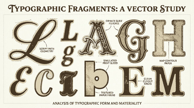Vintage typographic fragments vector study featuring decorative lettering styles and material textures for graphic design projects