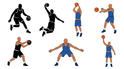 Set of vector collection featuring different basketball player action poses, dribbling basketball, slam dunk, jump shot, chest pass, defensive stance, celebrating victory with basketball © mehdik