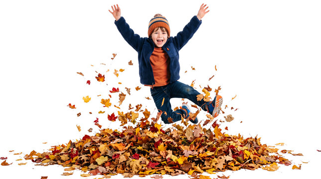 Happy Little Boy Jumping into Pile of Colorful Autumn Leaves Isolated on Transparent Background