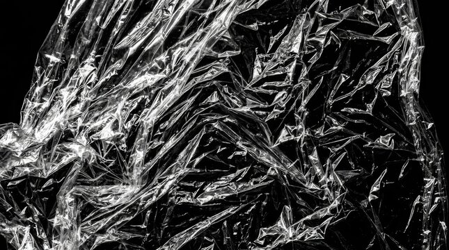 Crumpled transparent plastic wrap texture with sharp light reflections on a solid black background.