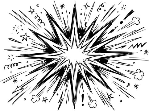 Comic book explosion bubble, hand drawn pop art starburst vector, black and white sketch of dynamic action blast with stars and lightning