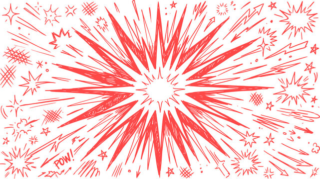 Comic explosion red hand drawn vector, pop art starburst and action lines, dynamic sketch blast elements for graphic design