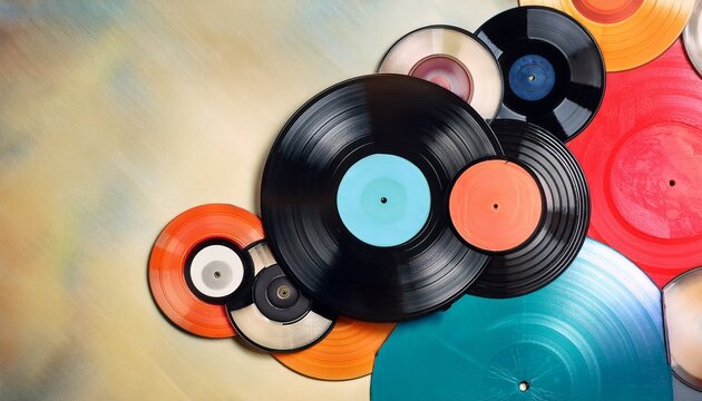 retro vinyl records and colorful abstract background collage
