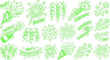 Green hand drawn celebration icons set, festive party doodles with fireworks and champagne, decorative holiday confetti and streamer vector elements © SanaMuhyUdDin