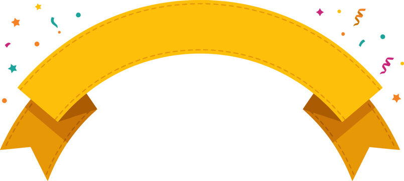 Yellow festive ribbon banner with colorful confetti, golden curved parchment scroll for celebration, blank party announcement flag vector